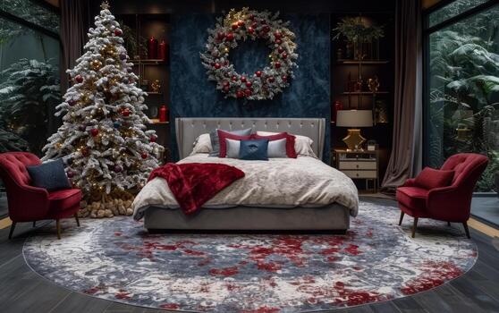 AI generated Christmas tree and wreath in luxury bedroom interior with fireplace red armchair and double bed photo