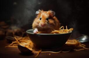 AI generated Cute hamster sitting in bowl with spaghetti photo