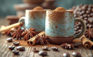 AI generated Coffee cups with coffee beans cinnamon sticks and anise stars on wooden background photo