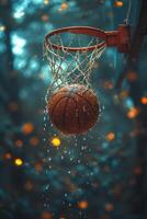 AI Generated Basketball going through the hoop at sports arena Banque d'images photo