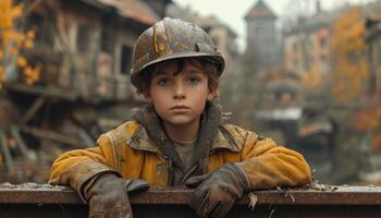 AI generated Small young boy wearing hard hat. A young boy wearing a helmet leans on a rail at a skatepark, showcasing his athleticism and passion for skateboarding. photo