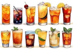 AI Generated Set of twelve different cocktails on white background photo