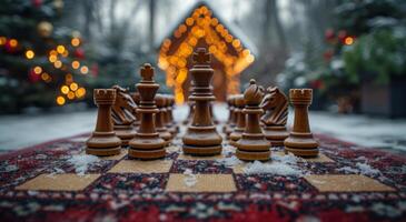 AI generated Chess board on carpet containing chess pieces. A chess set is placed on a rug in front of a beautifully decorated Christmas tree, creating a festive and strategic setting. photo