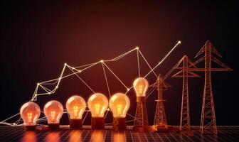 ai generado bombillas son situado en fila con crecimiento grafico en oscuro antecedentes. el concepto de el evolución de el energía industria. foto