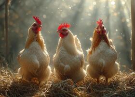 AI generated White chickens are sitting on the straw. A group of chickens gathered in the midst of a lush forest, surrounded by trees and foliage. photo