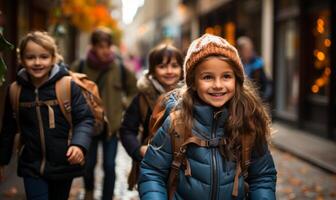 AI generated Four young children with backpacks walking. A group of young children walking together down a street in an urban environment. photo