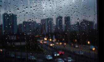 AI Generated Raindrops on the window with city view photo