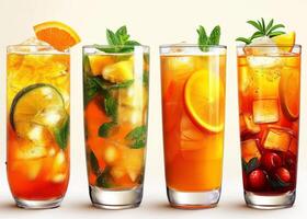 AI Generated Four glasses of fruit iced tea lemonade orange and cranberry with slices of orange lemon lime and strawberry on white background photo