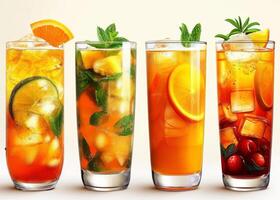 AI Generated Four glasses of fruit iced tea lemonade orange and cranberry with slices of orange lemon lime and strawberry on white background photo