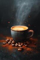 AI Generated Cup of coffee with coffee beans and ground coffee on black background photo