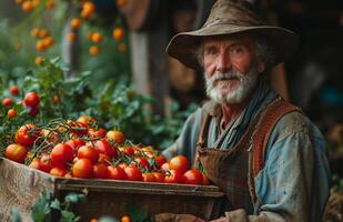 ai generado mayor hombre de venta Tomates a el local mercado. más viejo propietario de el granja sostiene un de madera caja lleno de Tomates foto