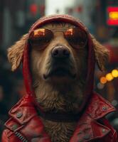 ai generado perro en rojo cuero chaqueta y Gafas de sol. perro en máscara y Gafas de sol tomando un fumar foto