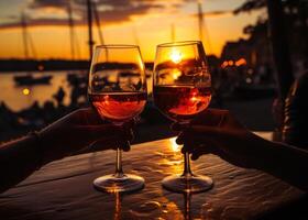 AI generated Couple toasting wine glasses at sunset. Two wine glasses clinking over the sunset photo