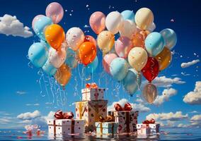 ai generado vistoso cumpleaños regalos con globos un grande colección de vistoso globos graciosamente flotador en el aire terminado un sereno cuerpo de agua. foto