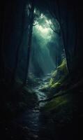 AI generated Stream in dark forest photo