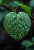 ai generado verde hoja con agua soltar en el bosque. verde hoja con el palabras yo amor usted domingo foto