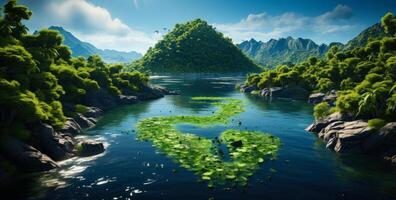 AI generated Dollar sign made of lily pads in river photo