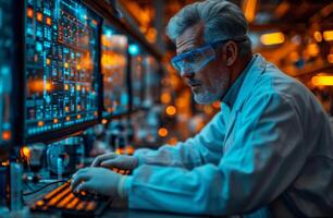 ai generado mayor científico es trabajando con computadora en laboratorio. foto