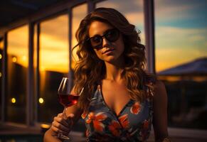 AI generated Woman enjoying a glass of wine at the pool. A beautifully dressed woman gracefully holds a glass of wine, radiating sophistication and elegance. photo