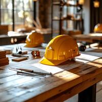 AI generated Some hard hats and blueprints on a table. A wooden table is adorned with yellow hard hats, creating a work environment or construction site ambiance. photo