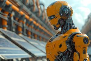 AI generated Robot standing in front of solar panels. A yellow robot stands in front of a sleek and contemporary building, its vibrant color contrasting against the architectural backdrop. photo