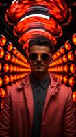 AI generated Man in a circular fluorescent tunnel. A man confidently sporting sunglasses and a bright red jacket stands outdoors. photo