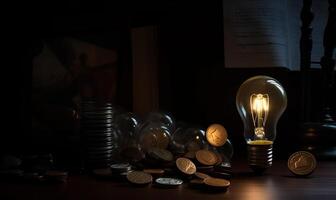 AI generated Light bulb and coins on table photo