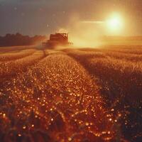 AI generated Farmers harvesting wheat. A combine truck drives through a lush wheat field, illuminated by the warm colors of the setting sun. photo