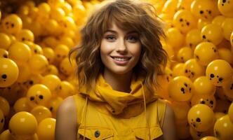 AI generated Beautiful young girl stands in room full of yellow balloons. photo