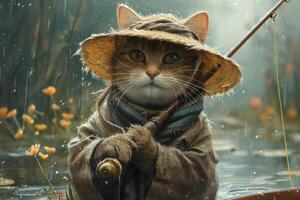 AI generated The cat fisherman. Cat holding a fishing pole and fishing rod photo