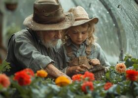 ai generado abuelo y nieto en Paja sombreros Mira después flores en invernadero foto