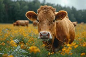 AI generated Cows graze in meadow with yellow flowers on summer day photo