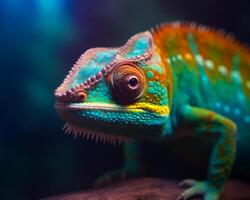 AI generated Colorful panther chameleon is sitting on branch. photo