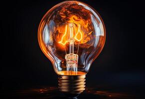 AI generated Burning light bulb is lying on black background photo