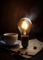 AI generated Cup of coffee and burning light bulb on table photo