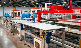 producción de solar paneles, hombre trabajando en fábrica. de cerca de especial maquinaria a solar producción paneles fábrica. industrial técnica a planta. moderno verde energía producción. foto