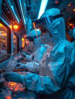 AI generated Two people in protective gear working on the inside. A team of individuals wearing protective gear diligently working together on a computer in a laboratory setting. photo