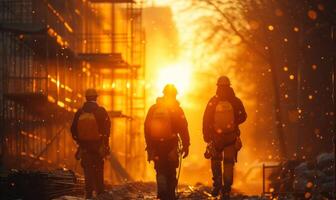 ai generado Tres bomberos caminando en el nieve a puesta de sol foto