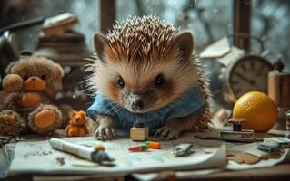 AI generated A hedgehog next to a laptop laptop computer a tablet. A hedgehog sits on top of a table, surrounded by various toys. photo