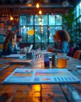 ai generado mesa es conjunto para negocio reunión en restaurante con periódico y taza de café en el mesa foto