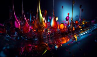AI Generated Colorful oil drops in motion on reflective surface photo