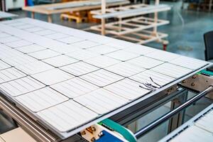 Workshop at factory for producing solar panels. High tech factory. photo