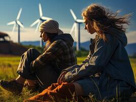 AI generated Two girls sit on the grass and look at the windmills. photo