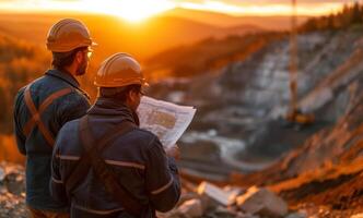 ai generado dos trabajadores leyendo mapa en a cielo abierto mío. dos construcción trabajadores mirando a planes un grupo de construcción trabajadores Mira a construcción planes foto