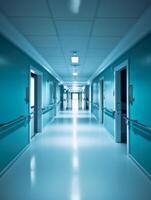 AI Generated Empty hospital corridor with blue walls and row of lamps photo