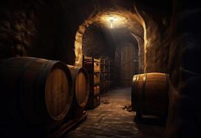 AI generated Wine barrels stacked in the old cellar of the winery. photo