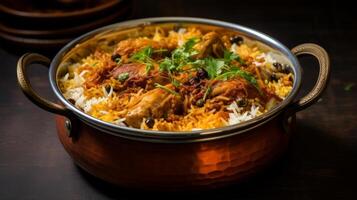 AI generated A biryani pot filled with layers of rice and chicken photo