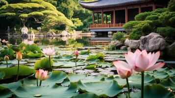 ai generado un zen templo jardín con floreciente loto flores foto