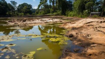 AI generated A polluted pond with discolored and stagnant water photo