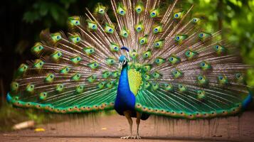 ai generado Exquisito pavo real mostrando sus vibrante cola plumas foto